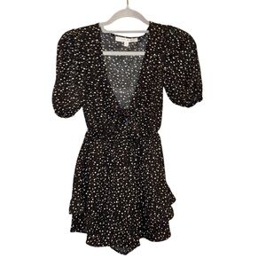 Allison & Kelly Polka Dot Tie‎ cutout Puff Sleeve Ruffle Tiered Romper black XS